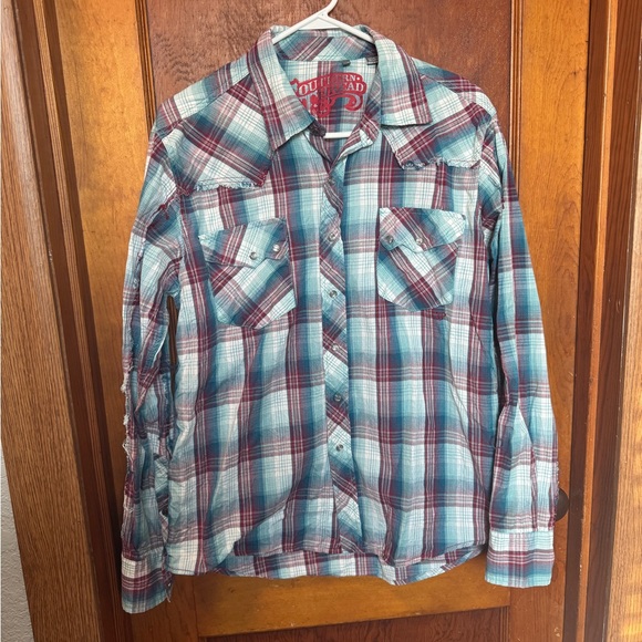Southern Thread Other - Southern Thread Button Up Pearl Snap Men’s Medium Red Blue Plaid Western Country